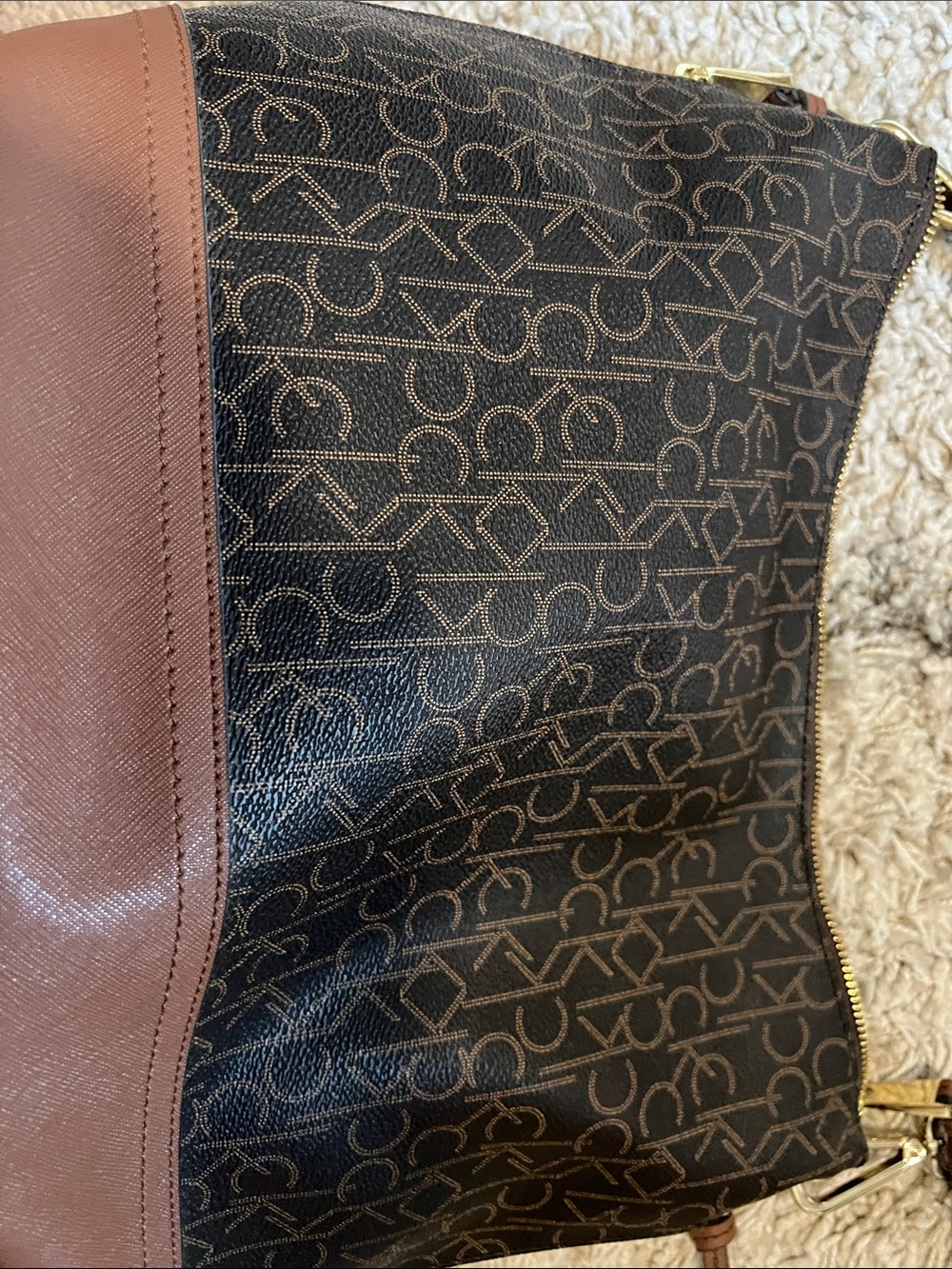 CALVIN KLEIN Dark Brown Monogram Shoulder Bag with Tan Trim - Picture 5 of 8